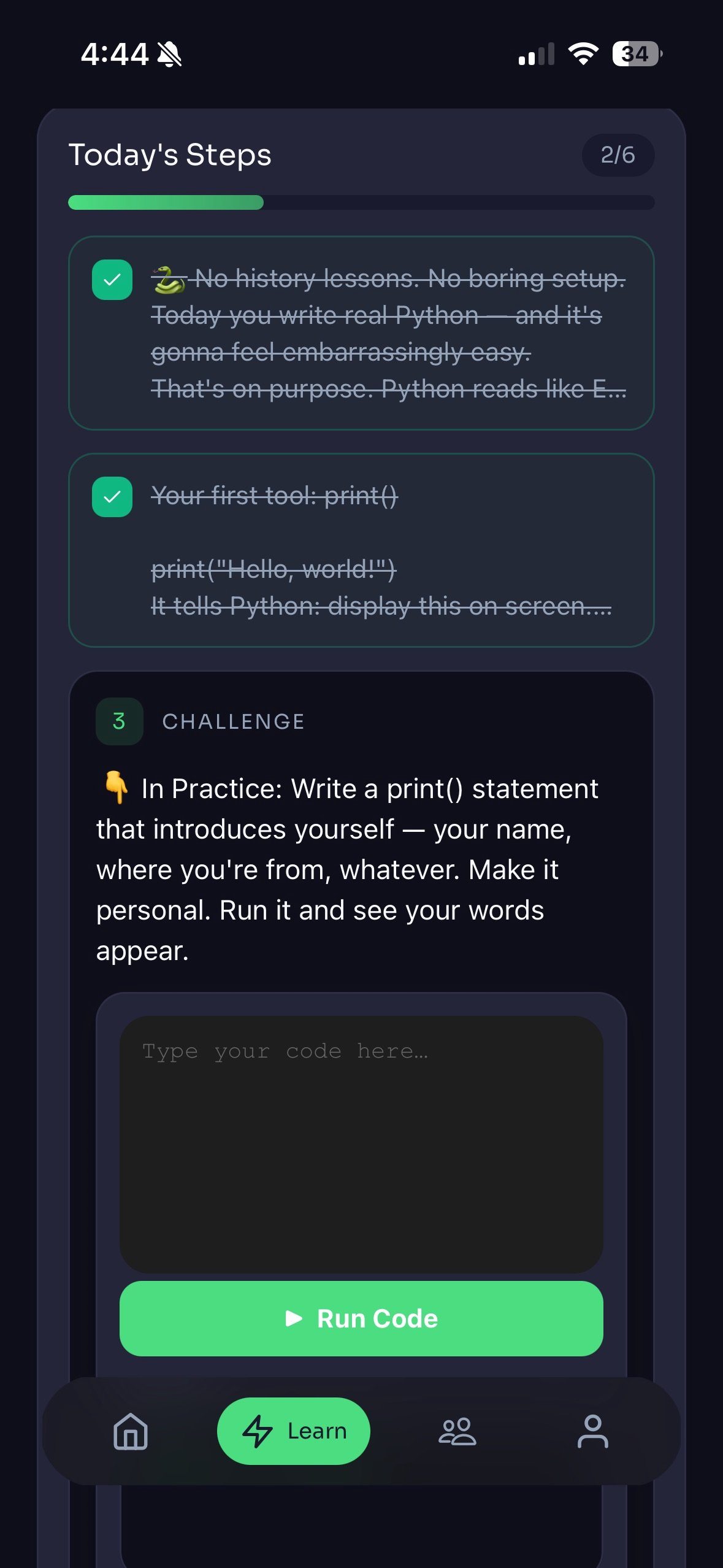 Interactive Python lesson with a live code challenge