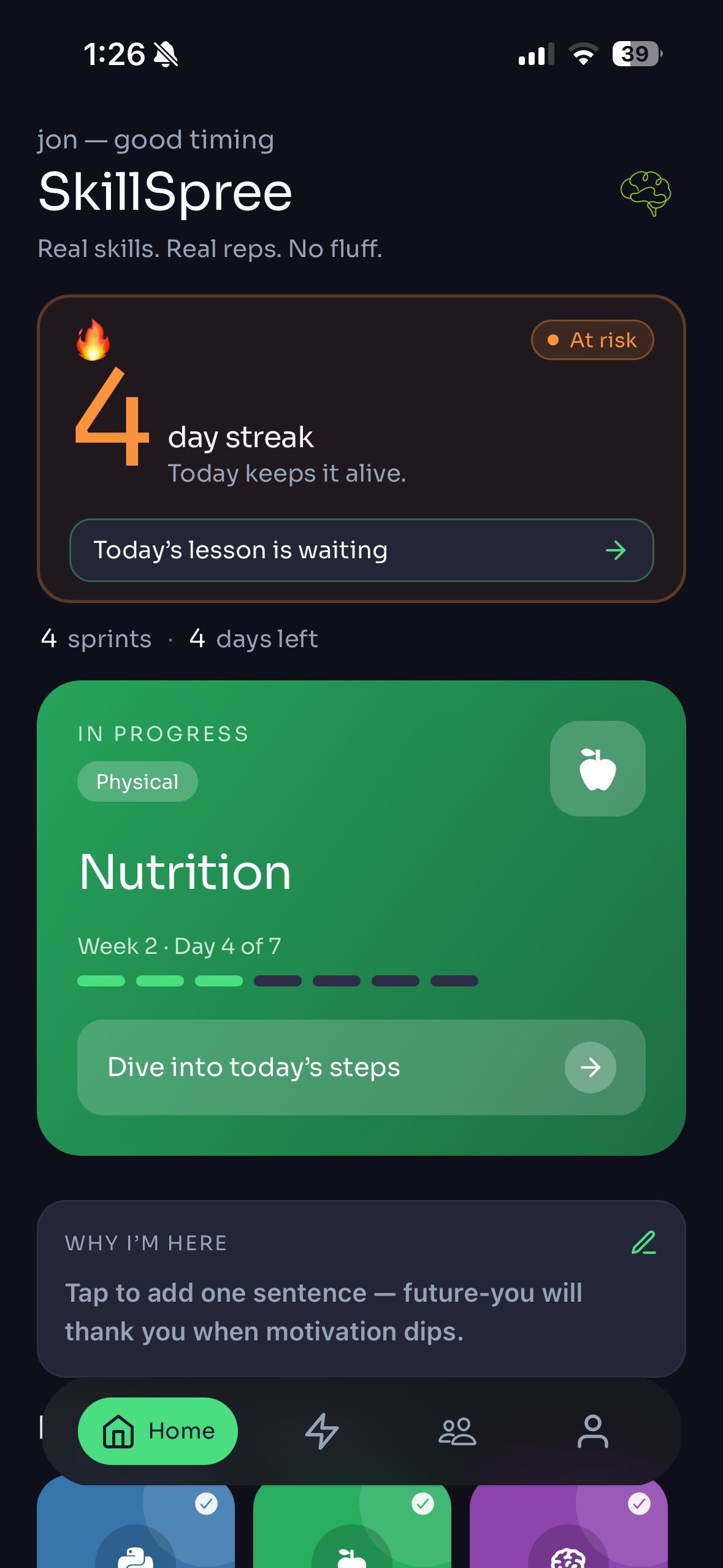 Profile screen showing streak stats and activity calendar