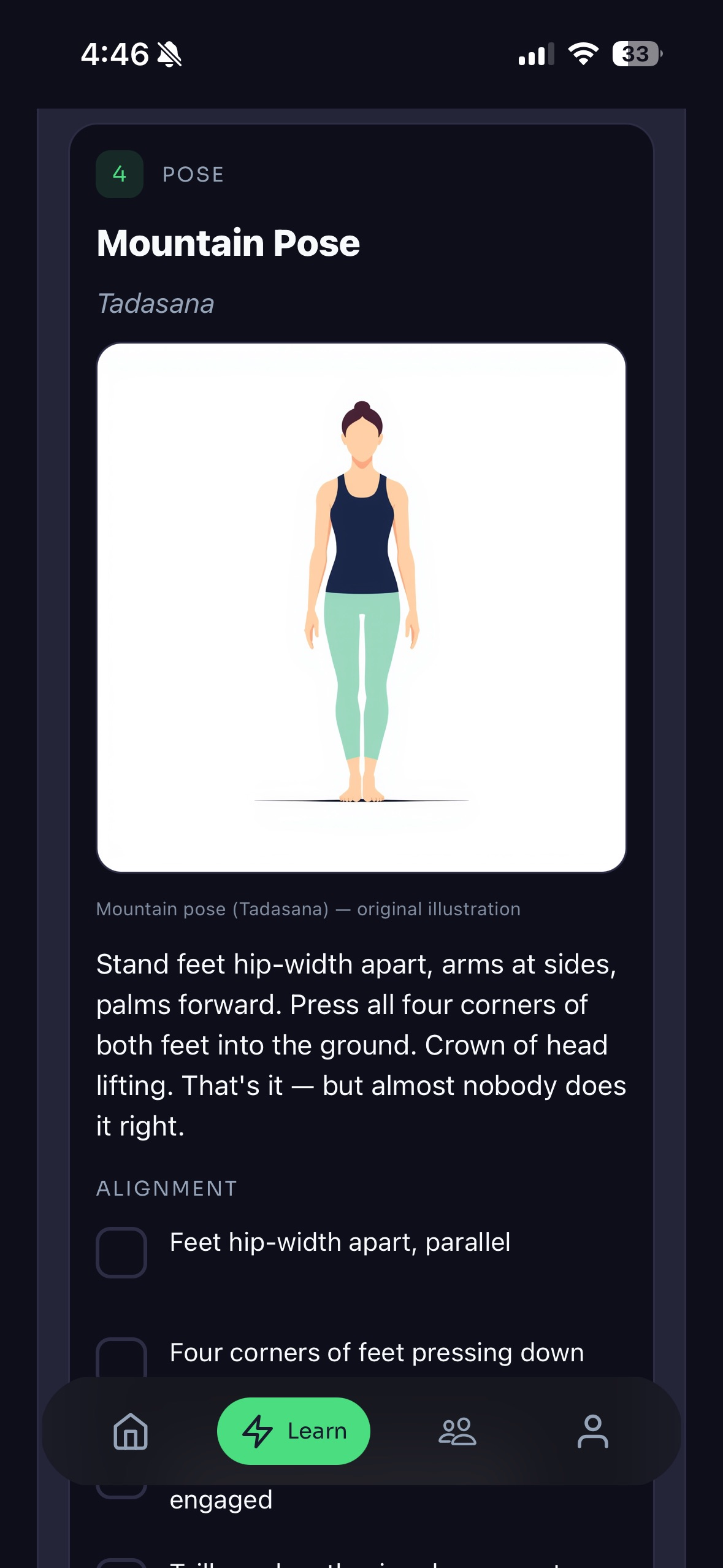 Yoga lesson for Mountain Pose with alignment checklist